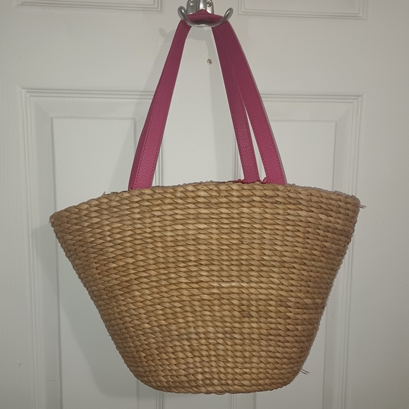 Pink and Natural Straw Tote Bag - Picture 4 of 6
